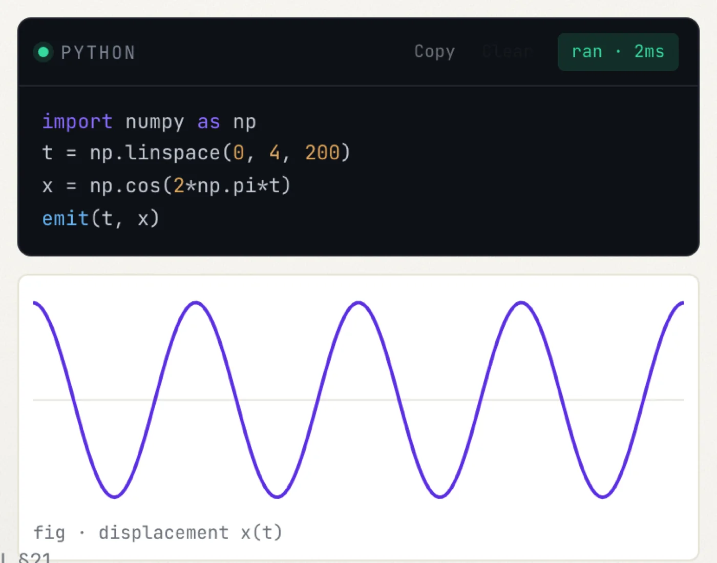 A code cell: real Python, run in the browser, its status shown on the cell.