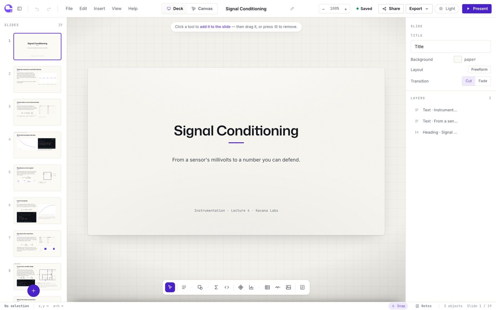 The editor: the slide in the centre, the insert toolbar below it, the inspector on the right, and the slide rail on the left.